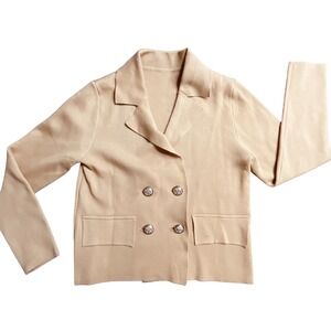 Unbranded Tan Beige Double Breasted Knit Blazer Jacket‎ Silver Crest Buttons L